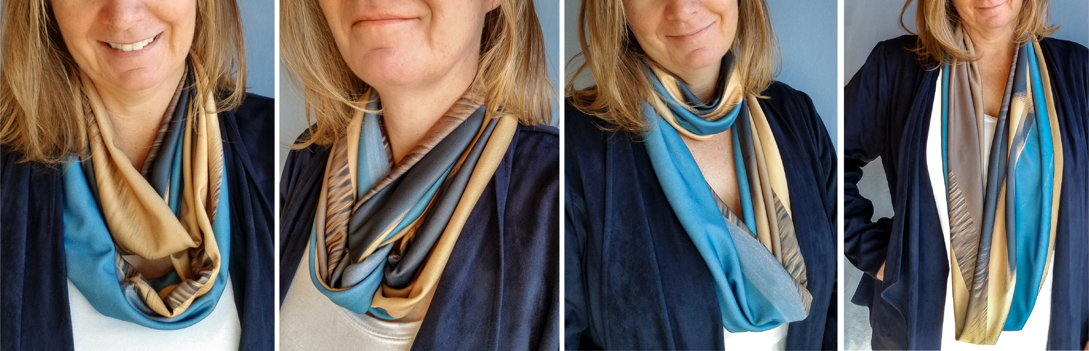 4 ways to wear blue and tan handmade infinity scarves