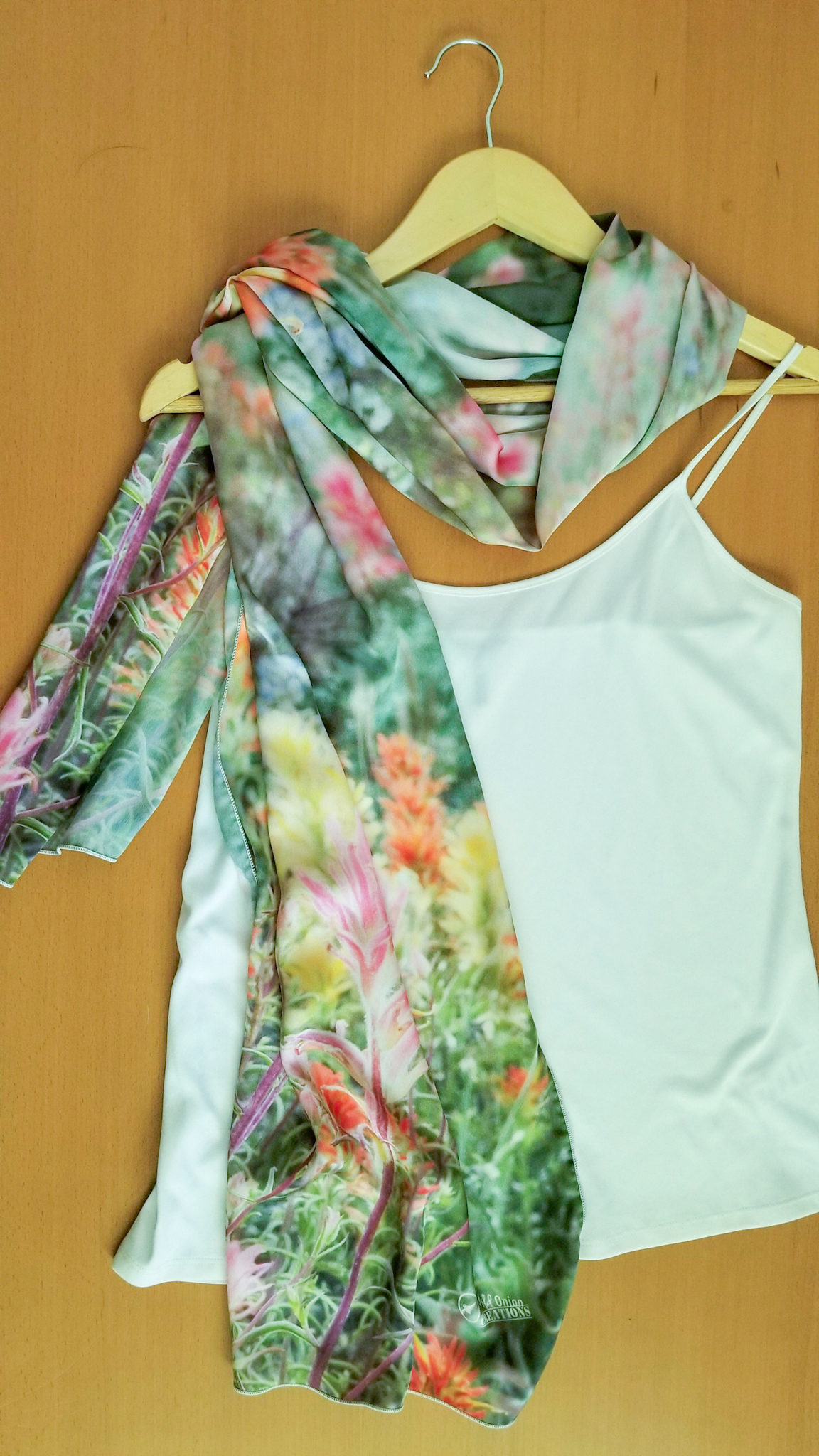 WIldflowers silky summer scarf with white tank top