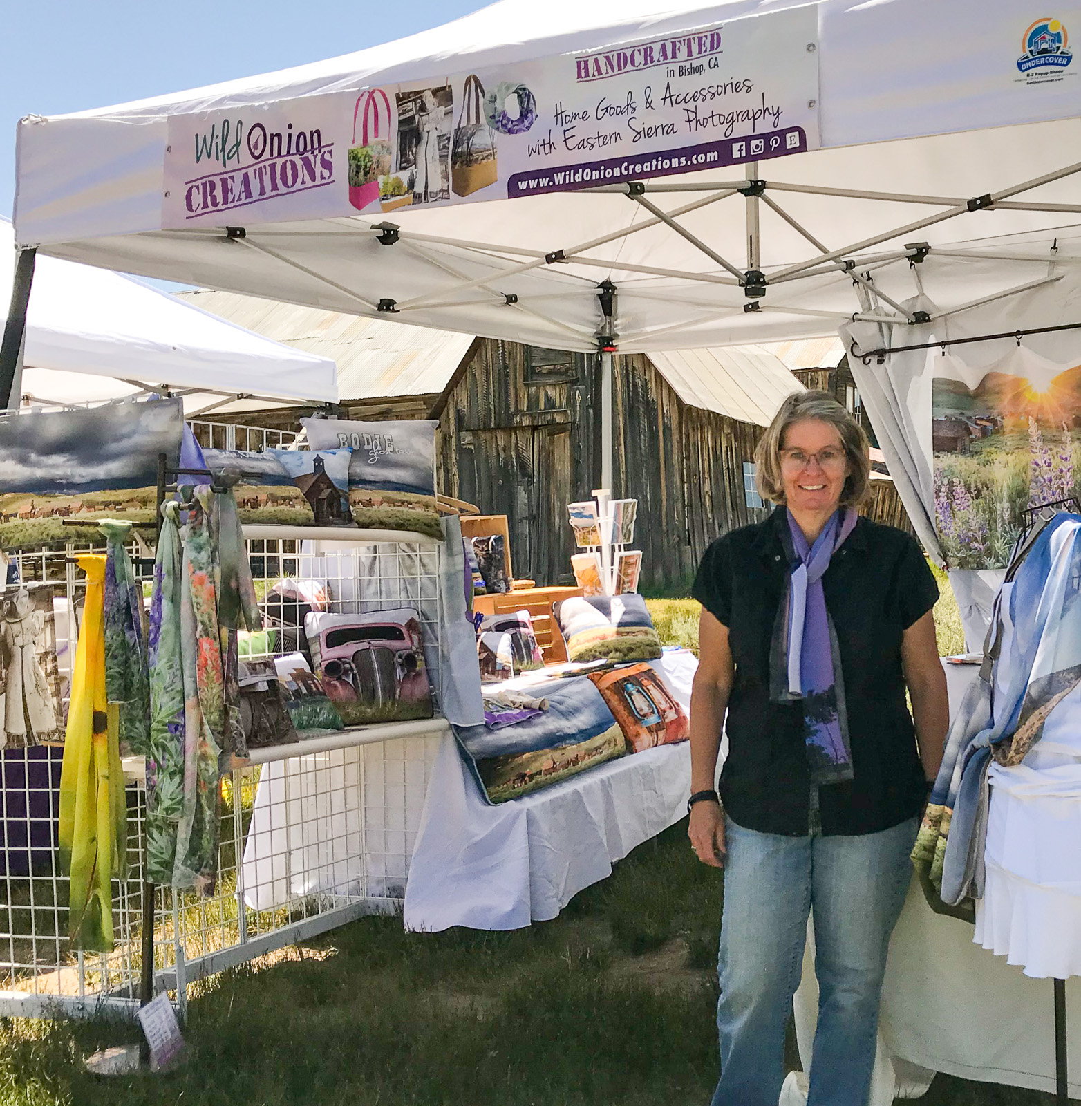 Bodie Day booth handmade photo pillows, scarves, wall art